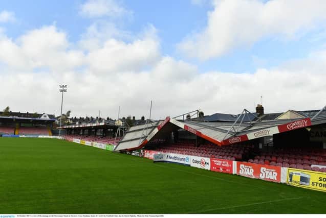 A view of the damage to the Derrynane Stand at Turners Cross Stadium, home of Cork City Football Club, due to Storm Ophelia. Photo by Eóin Noonan/Sportsfile