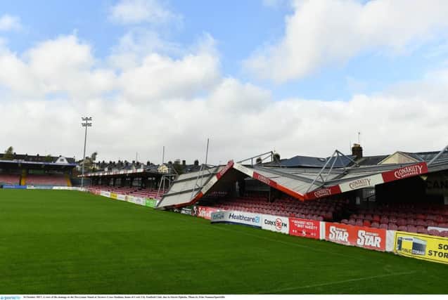 A view of the damage to the Derrynane Stand at Turners Cross Stadium, home of Cork City Football Club, due to Storm Ophelia. Photo by EÃ³in Noonan/Sportsfile