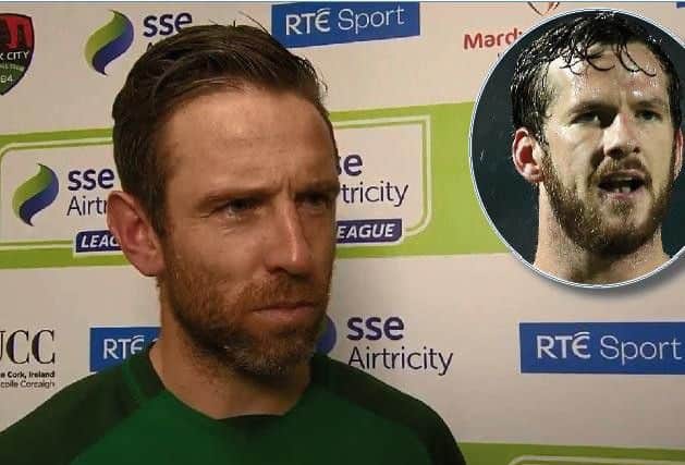 Cork City skipper, Alan Bennett. Inset: the late Derry City captain, Ryan McBride. (Photo/Video: RTE Sport)