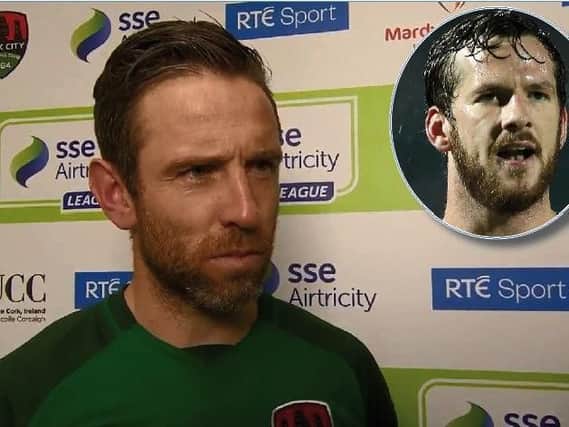 Cork City skipper, Alan Bennett. Inset: the late Derry City captain, Ryan McBride. (Photo/Video: RTE Sport)