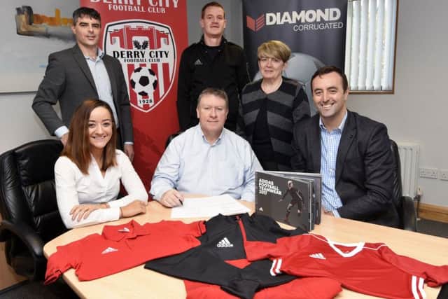 Pictured at the signing of Derry City's new Adidas kit deal in association with House of Sport are back row left to right Declan Callaghan (Derry City Merchandise Group); Steven Burns (House of Sport Team Sales Manager) and Dodie McGuiness (Derry City General Manager). Front row Orlaith Meenan (Derry City Commercial Manager); Philip O'Doherty (Derry City Chairman) and Padraic McKeever (House of Sport Managing Director).