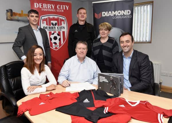 Pictured at the signing of Derry City's new Adidas kit deal in association with House of Sport are back row left to right Declan Callaghan (Derry City Merchandise Group); Steven Burns (House of Sport Team Sales Manager) and Dodie McGuiness (Derry City General Manager). Front row Orlaith Meenan (Derry City Commercial Manager); Philip O'Doherty (Derry City Chairman) and Padraic McKeever (House of Sport Managing Director).