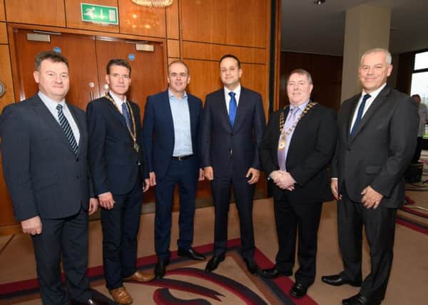 Seamus Neely, CEO, Donegal County Council,   Cllr. John Boyle, Deputy Mayor Derry City and Strabane District Council, Joe McHugh TD, Minister of State at the Department of Culture with responsibility for Gaeilge, Gaeltacht and the Islands , Taoiseach - Leo Varadkar, Cllr. Gerry McMonagle, Cathaoirleach Donegal County Council and John Kelpie, CEO Derry City and Strabane District Council.