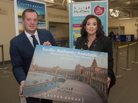 Chris Hagan, Head of Propositions, Transport and Attractions for Superbreak and Charlene Shongo, Commercial and Marketing Manager at City of Derry Airport.