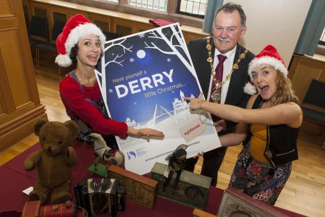MAYORÃ¢Â¬"S CHRISTMAS LAUNCH. . . .The Mayor of Derry City and Strabane District Council, Maoliosa McHugh pictured on Friday morning at the launch of his Christmas Shopping Campaign Ã¢Â¬ÃœHave Yourself A Derry Little ChristmasÃ¢Â¬" in the Whittaker Suite at the Guildhall. Helping him launch are Tonya Sheina and Zoe Ramsey (Lost in FrontÃ¢Â¬" characters), Echo Echo Dance Theatre Group. Further information can be obtained from www.derrystrabane.com/christmas