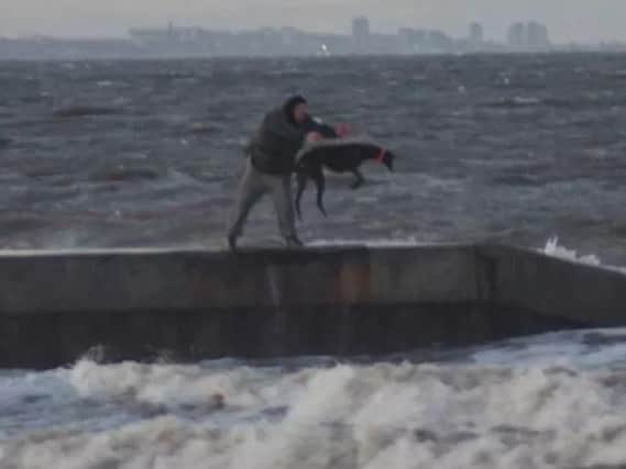 Image sent in appearing to show a man throwing a dog into the sea.