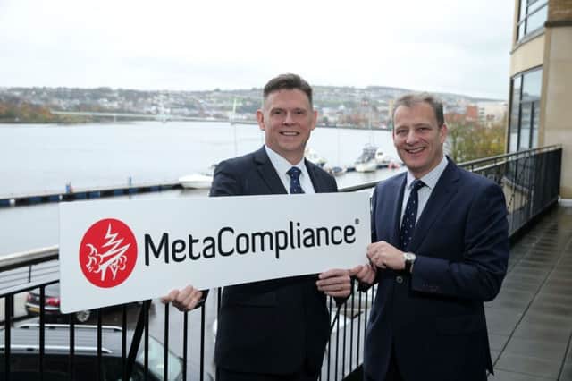 Press Eye - Belfast - Northern Ireland - 22nd November 2017 

Robert O'Brien, CEO Metacompliance, left with Jeremy Fitch, Invest NI.

Photo by Kelvin Boyes / Press Eye.